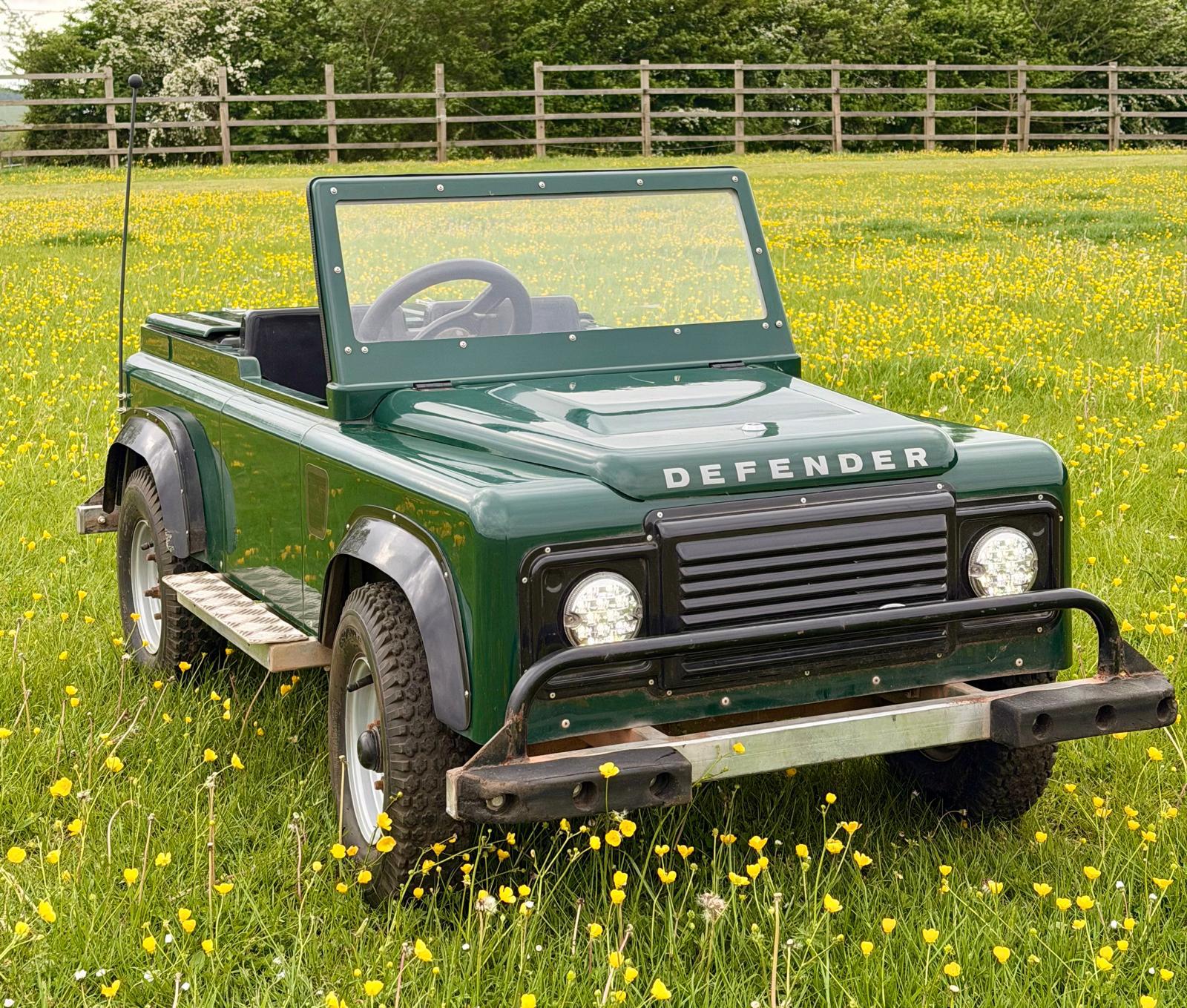 The Defender mini Land Rover parked in buttercups